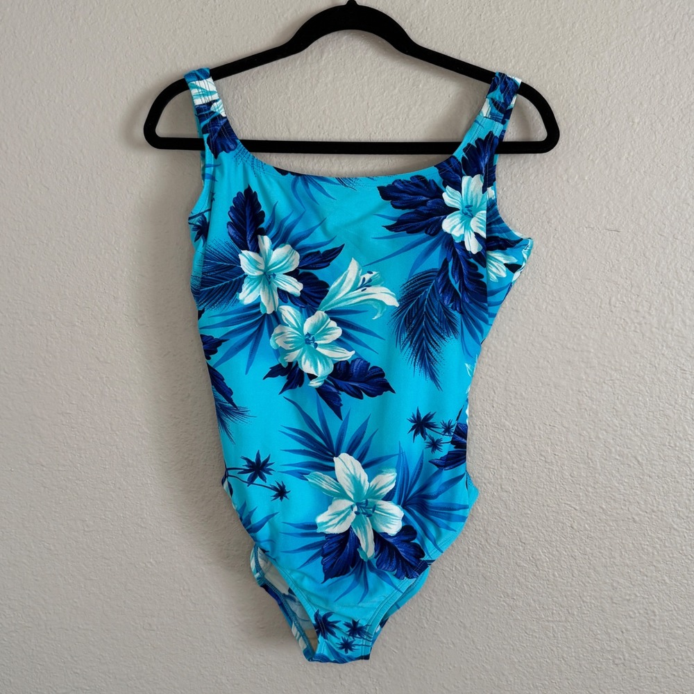 Vintage Speedo Womens 16 Blue One Piece Swimsuit Tropical Floral Resort Sporty